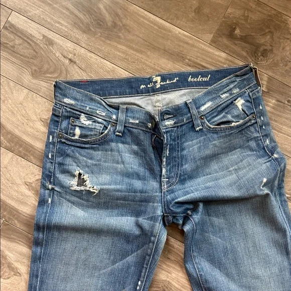 7 For All Mankind Distressed Blue Boot Cut Jeans - Picture 4 of 4